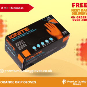 Aurelia Ignite Heavy Duty Super Strong Orange Grip Nitrile Gloves PF 8 mil – Mechanical, Industrial, Engineering, Lab, Food, Cleaning, Plumbing, Gardening (Box of 100 gloves)