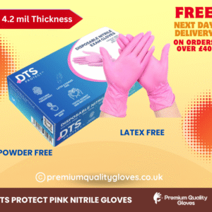 Premium Disposable DTS Pink Nitrile Examination Gloves | Medical | Industrial | Hair, Beauty | Food | Janitorial |Powder Free| Latex Free, (Box of 100 gloves)