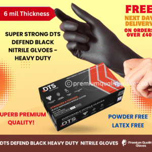 Heavy Duty DTS DEFEND Super Strong Disposable Black Nitrile Examination Gloves, Premium Quality| Medical | Mechanical | Industrial | Hair & Beauty | Food | Janitorial | Powder Free| Latex Free (Box of 100 gloves)