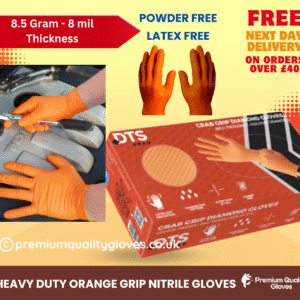 DTS CRAB Heavy Duty Super Strong Orange Grip Nitrile Gloves PF 8.5g - 8 mil – Mechanical, Industrial, Engineering, Lab, Food, Cleaning, Plumbing, Gardening - 50 Gloves/box