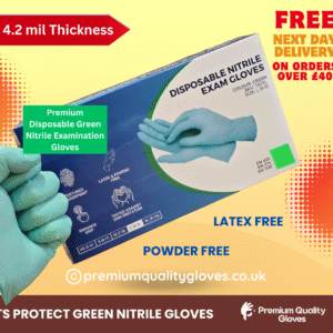 Premium Disposable DTS Green Nitrile Examination Gloves | Medical | Industrial | Hair, Beauty | Food | Janitorial |Powder Free| Latex Free, 4.2g (Box of 100 gloves)